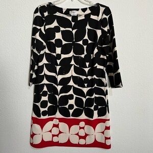 Maggie L Ponte Knit Sheath Dress Winter White Black Red Geometric Print Size 8